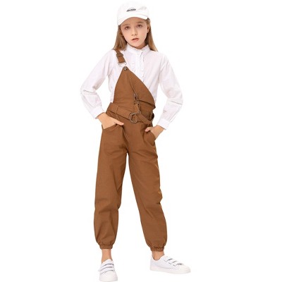 Girls Bib Overalls Kids Jumpsuit & Rompers Solid Denim Long Pants with Pockets & Belt 3-12Y