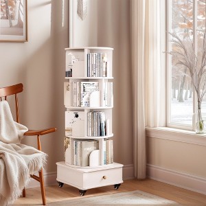 TOAOTBNBO 5 Tier Rotating Bookshelf with Drawer, Floor-Standing Bookcase With Stroage Cabinet, Wood Display Book Shelf for Bedroom - 1 of 4
