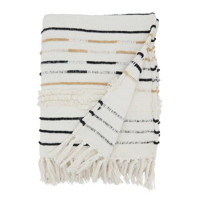 Ivory Cotton Corded Fringe Throw Blanket with Stripes