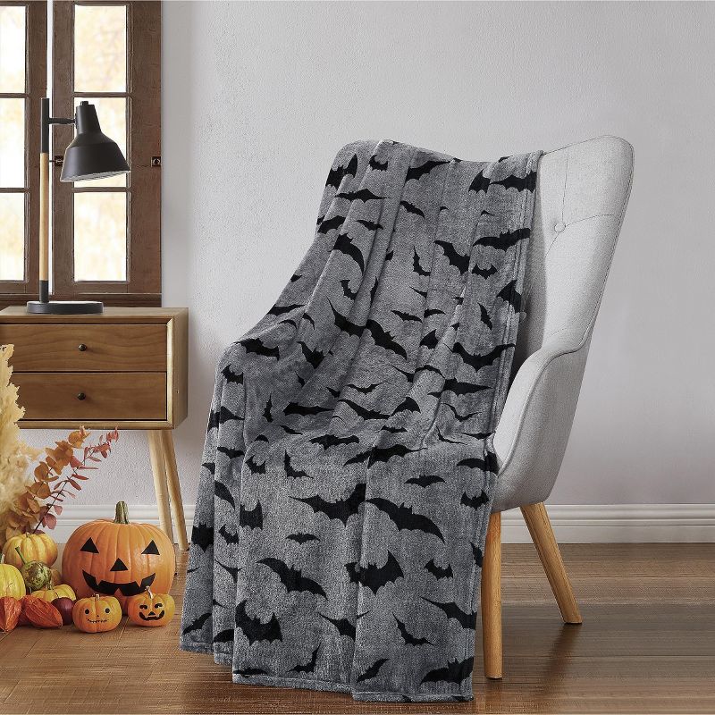 Kate Aurora Ultra Soft & Plush Gray & Black Spooky Halloween Bats Accent Throw Blanket - 50 in. W x 70 in. L, 1 of 5