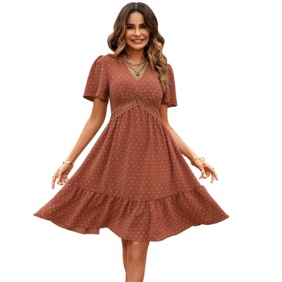 Women V Neck Casual Dress Flared Sleeve Hollow Out Summer Midi Dresses Wedding Guest Outfits