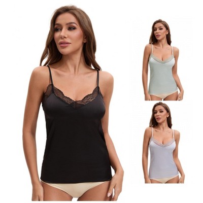 INSPIRE CHIC Women's Lace Trim Silk Satin V Neck Cami Vest Adjustable Spaghetti Strap Sleeveless Camisoles 3 Packs