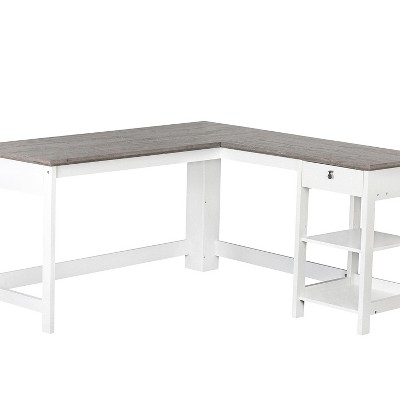 Finley White and Gray Oak L-Shaped Writing Desk with Drawer