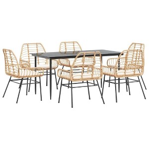 vidaXL 7-Piece Patio Dining Set - Brown Poly Rattan with Glass Tabletop & Cushions - Outdoor/Garden/Backyard Furniture - 1 of 4