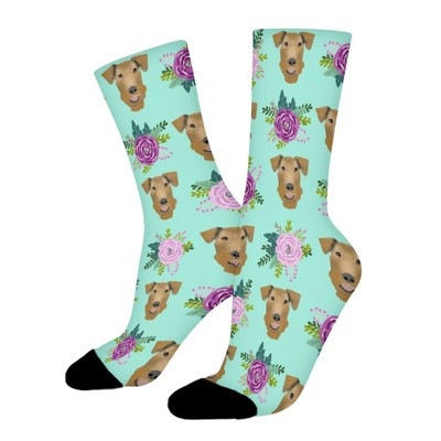 Airedale Terrier Dog Floral Women Printed Crew Socks Funny Funky Socks Soft Polyester Novelty Gifts for Artists Men