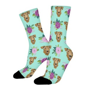 Airedale Terrier Dog Floral Women Printed Crew Socks Funny Funky Socks Soft Polyester Novelty Gifts for Artists Men - 1 of 1
