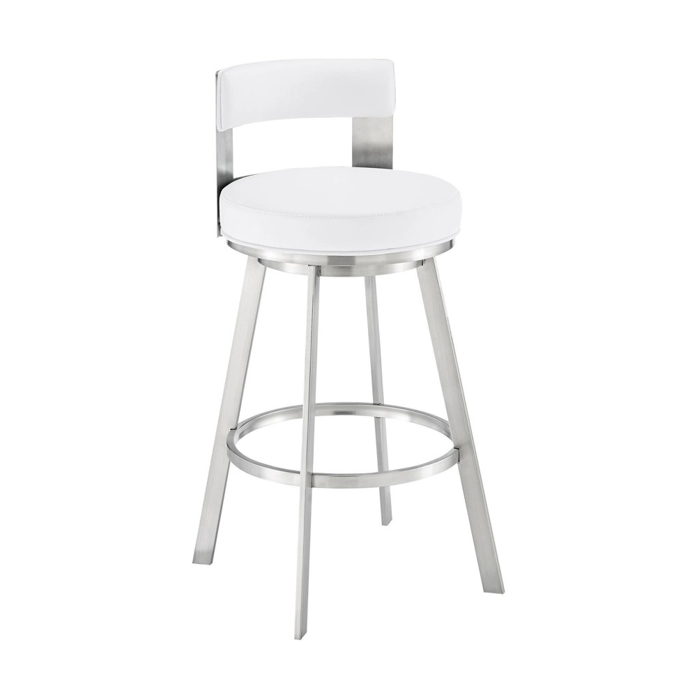 Armen Living 26" Flynn Brushed Stainless Steel with Faux Leather Swivel Counter Height Barstool White