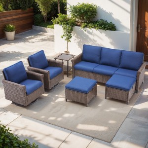 Buenhomino 5-Piece Outdoor Set – Sofa, 2 Swivel Chairs, 2 Ottomans & Table, Handwoven Wicker, Weather-Resistant Cushions for Patio - 1 of 4