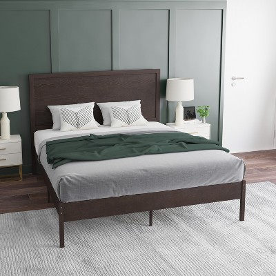 Queen Size Dark Brown Wood Platform Bed with Headboard and Slats