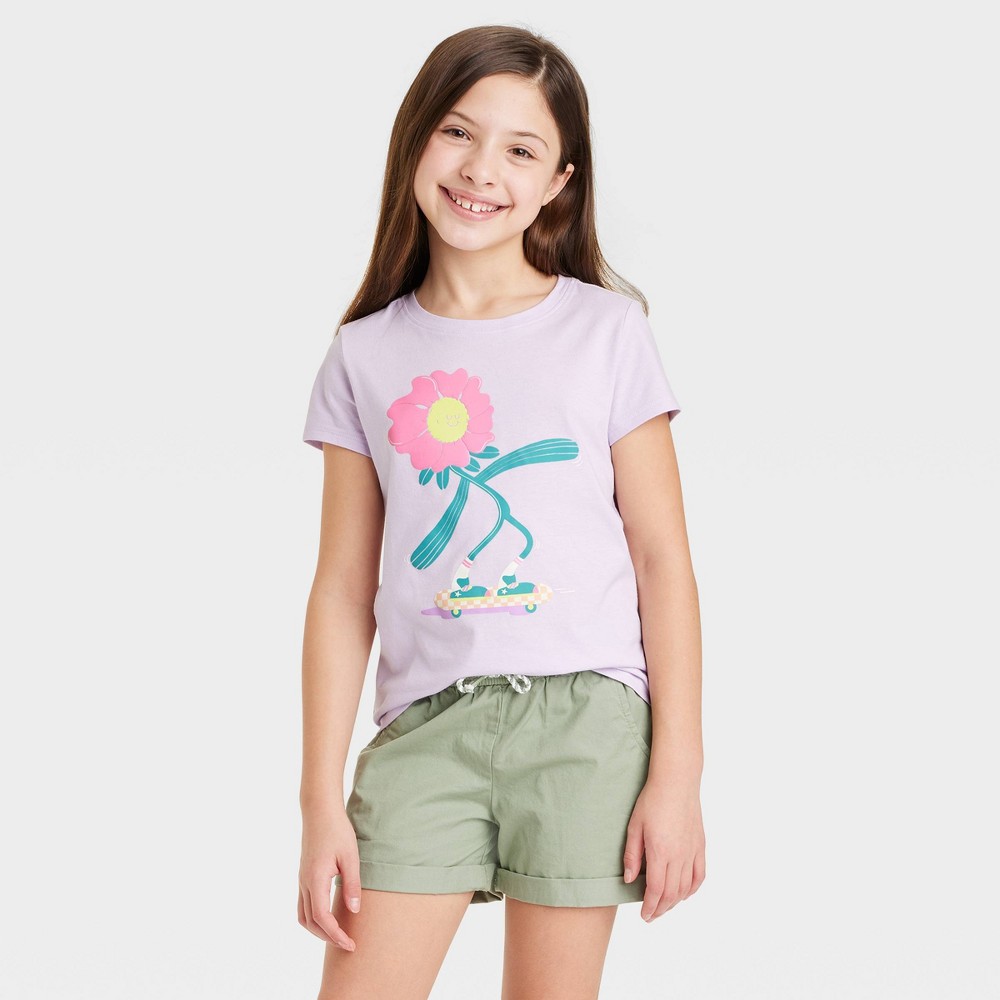 Girls' Short Sleeve 'Flower Skating' Graphic T-Shirt - Cat & Jack™ Soft Violet L