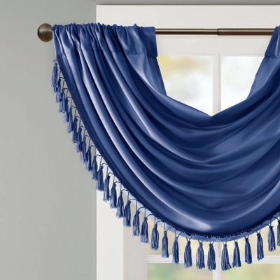 Navy Faux Silk Waterfall Valance with Tassel Trim