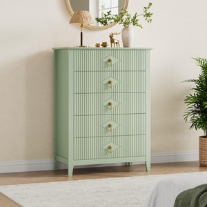 Fluted 5 Drawer Dresser for Bedroom, 42.9 Inch Tall Modern Nightstand Wooden Chest of Drawers with Gold Handles - 1 of 4