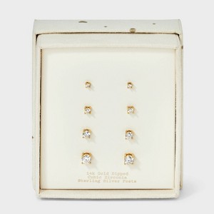 14K Gold Plated Cubic Zirconia Round Stud Earring Set 4pc - A New Day™ Gold - 1 of 3