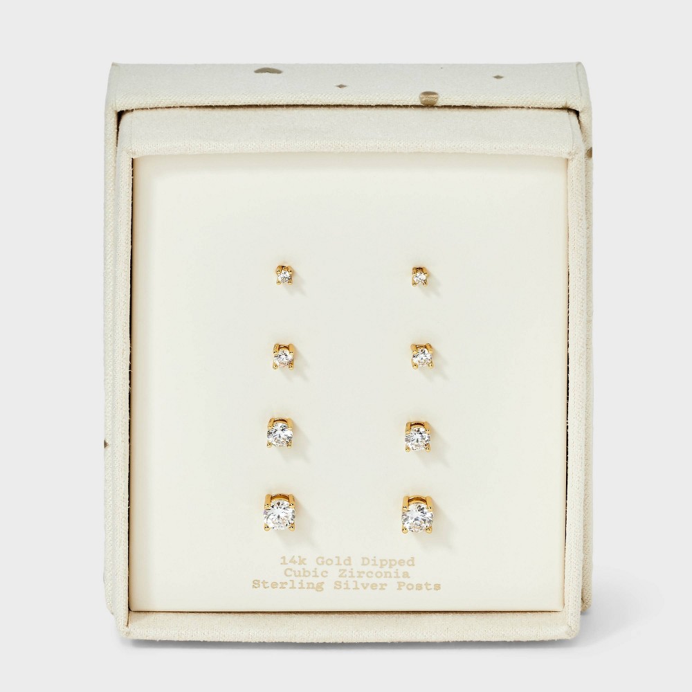 14K Gold Plated Cubic Zirconia Round Stud Earring Set 4pc - A New Day™ Gold