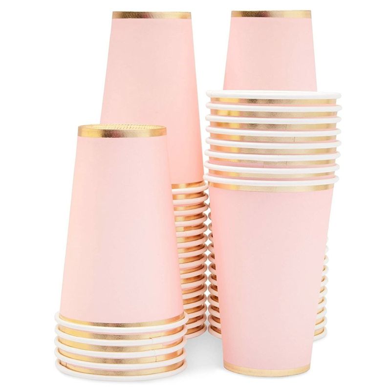 Juvale 50-Pack Light Pink Disposable Paper Cups with Gold Foil 12 oz Party Supplies, 1 of 6