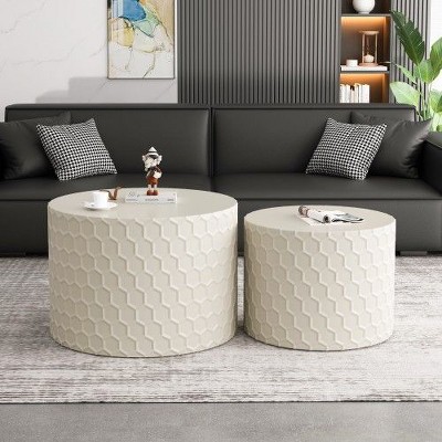 CENGHU Stylish and Minimalist Nesting Coffee Table Set with Honeycomb Design, Modern Round Side Table, Drum Circle Nightstand, Beige, 2PCS