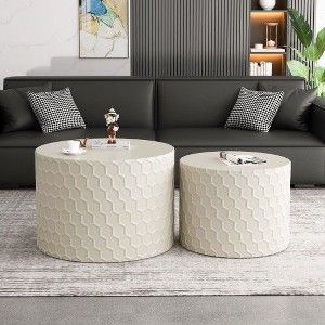 CENGHU Stylish and Minimalist Nesting Coffee Table Set with Honeycomb Design, Modern Round Side Table, Drum Circle Nightstand, Beige, 2PCS - 1 of 4