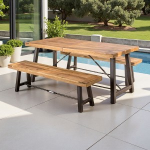 3-Piece Outdoor Patio Picnic Dining Set with 2 Benches, Acacia Wood and Metal Frame - 1 of 4