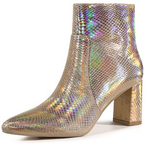 Allegra K Women's Pointed Toe Snake Print Side Zipper Chunky Heel Ankle Boots - 1 of 4