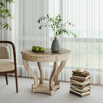 31.5" Farmhouse Round Dining Table with Curved Legs,Natural Wood Rustic Small End or Coffee Table for Kitchen Living Room-Baofuwish