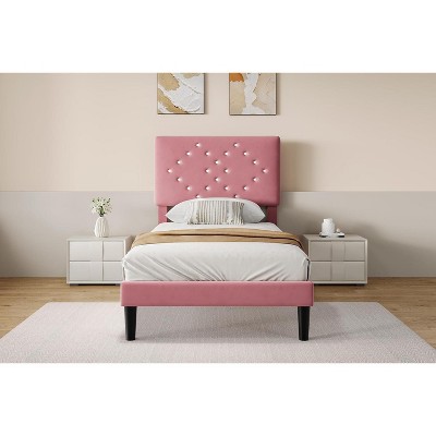 Velvet Bed Frame, Upholstered Platform Bed with Button Tufted Headboard & Under-Bed Storage Space, Sturdy Wooden Slats Support, No Box Spring Needed