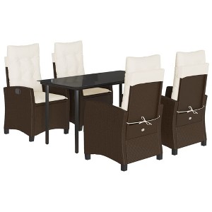 vidaXL 5-Piece Patio Dining Set - Brown Poly Rattan, Glass Tabletop, Adjustable Reclining Chairs, Cushioned Seating for Garden/Backyard/Patio - 1 of 4