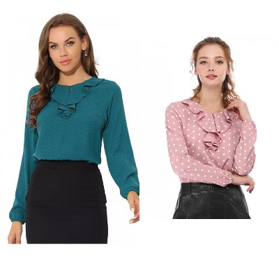 Allegra K Women's 2 Packs 1950s Vintage Ruffle Neck Long Sleeve Dots Chiffon Blouse X-Large Peacock Blue-Dots