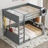 TIRAMISUBEST Queen Size Wooden Bunk Bed w/ Shelves and 3 Hooks, Versatile Bed Frame w/ LED Light and Charging Station - 3 of 4