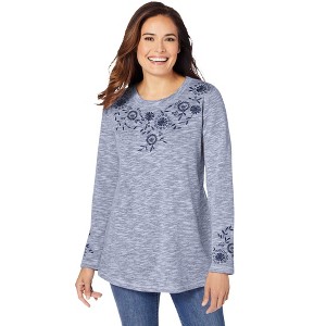 Woman Within Plus Size Floral Embroidered Sweatshirt Tee - 1 of 4