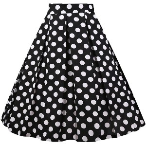 Women's Vintage Floral Midi Skirt - Pleated A-Line Skirt with Pockets Black-white-dot - 1 of 4