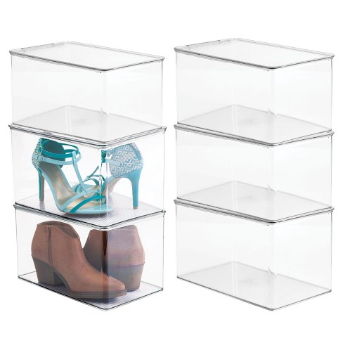 mDesign Stackable Plastic Closet Storage Bin Box with Hinge Lid, 6 Pack -  Clear