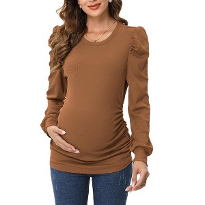 Pregnancy Shirts Women's Knit Ribbed Maternity Top Casual Mock Neck Puff Long Sleeve Ruched Tunic Pullover Shirt for Pregnant Women Green1long 2XL - 1 of 2