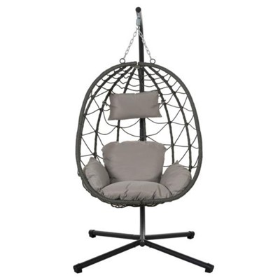 VisioGear Patio Egg Chairs with Stand, Wicker Egg Chair with Thick Cushion&Headrest Hammock Chair for Living Room Balcony, Gray, 38.6"*76.8"*36.2"