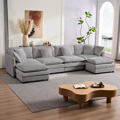 Mjkone 132'' Oversized Modular Sectional Sofa, U-Shaped Couch with 2 Ottomans, 6-Seat Chenille Fabric Upholstered Deep Seat Sofa