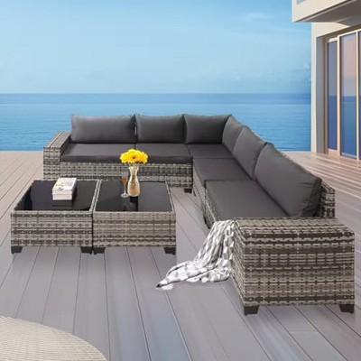7 Piece Rattan L-Shaped Garden Sofa Set,Wicker Outdoor Patio Conversation Set,Sectional Sofa with 2 Coffee Table and Cushions-Coolbibila