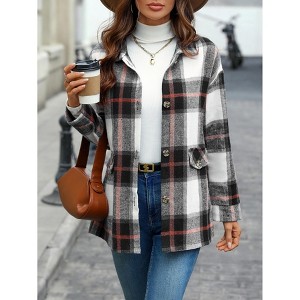Women's Plaid Long Sleeve Fall Casual Collared Midi Length Cardigan Coat Button Down Jacket Winter Outerwear Top Shirt - 1 of 4