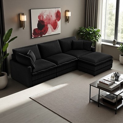 Corduroy Deep Seat Modular L-Shaped Sectional Sofa with 4 Pillows & Ottoman