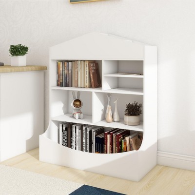 KWPZQEB 7 Cube Book Shelf, Wood Storage Organizer Bookcase with Large Storage Box, Display Cabinet Book Case for Living Room, Bedroom, White