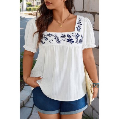 I AM A FASHION JUNKY Plus Square Neck Floral Print Pleasted Puff Blouse