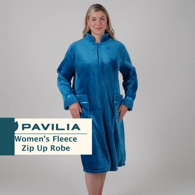 Blue Microfiber Fleece Long Sleeve Zip Robe with Pockets