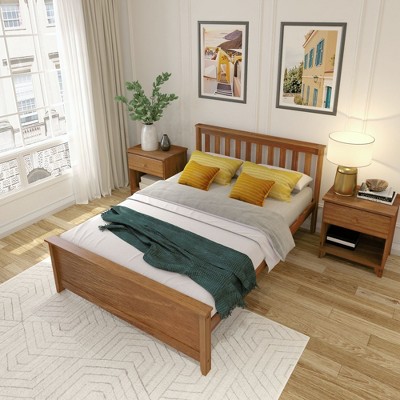 Pecan Pine Full Platform Bed with Slatted Headboard