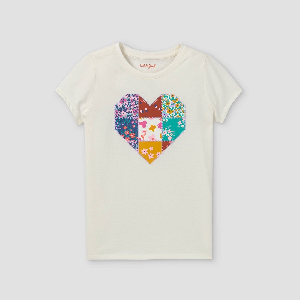 Size Large, Girls' 'Floral Heart' Short Sleeve Graphic T-Shirt - Cat & Jack Cream, Ivory