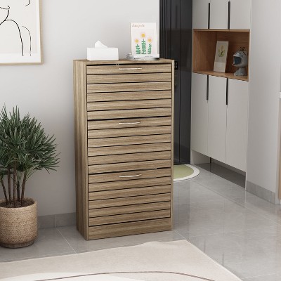 Brown Wood Grain 3-Tier Shoe Storage Rack with Metal Handles