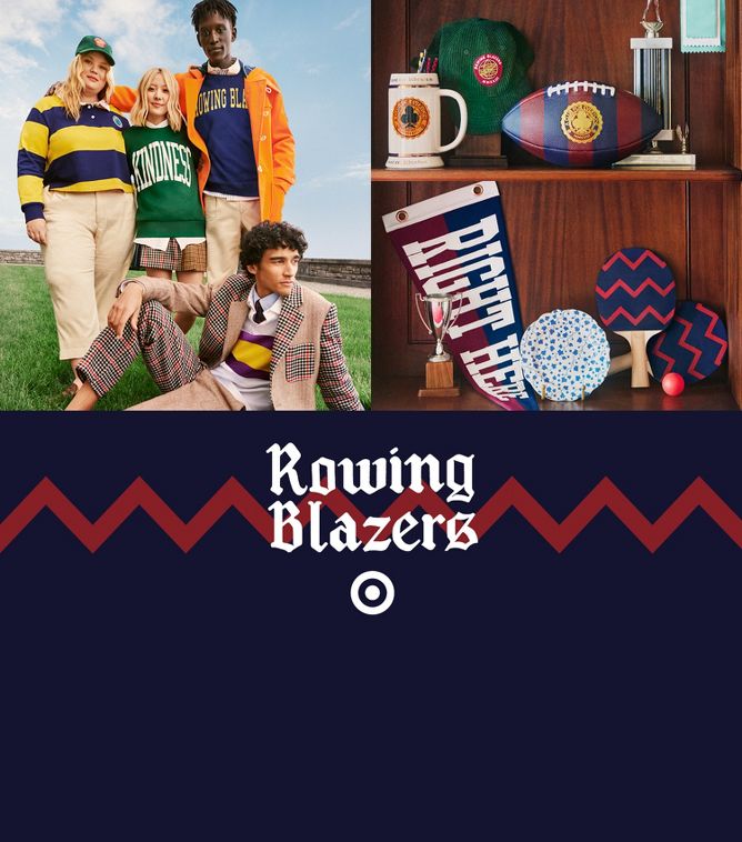 First image features 4 people wearing various items from the collection include wide stripe rugby shirts, baseball caps, tan trousers, graphic sweatshirts and multi-plaid blazer trousers and skirt.
Second image features a shelf with home and play items including small plate, ping pong paddles, logo stein, stripe football and graphic pennant.
Rowing Blazers x Target