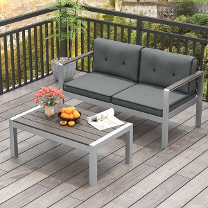 Costway 2 PCS Patio Aluminum Sofa Set Coffee Table Cushioned Loveseat WPC Armrests - 1 of 4