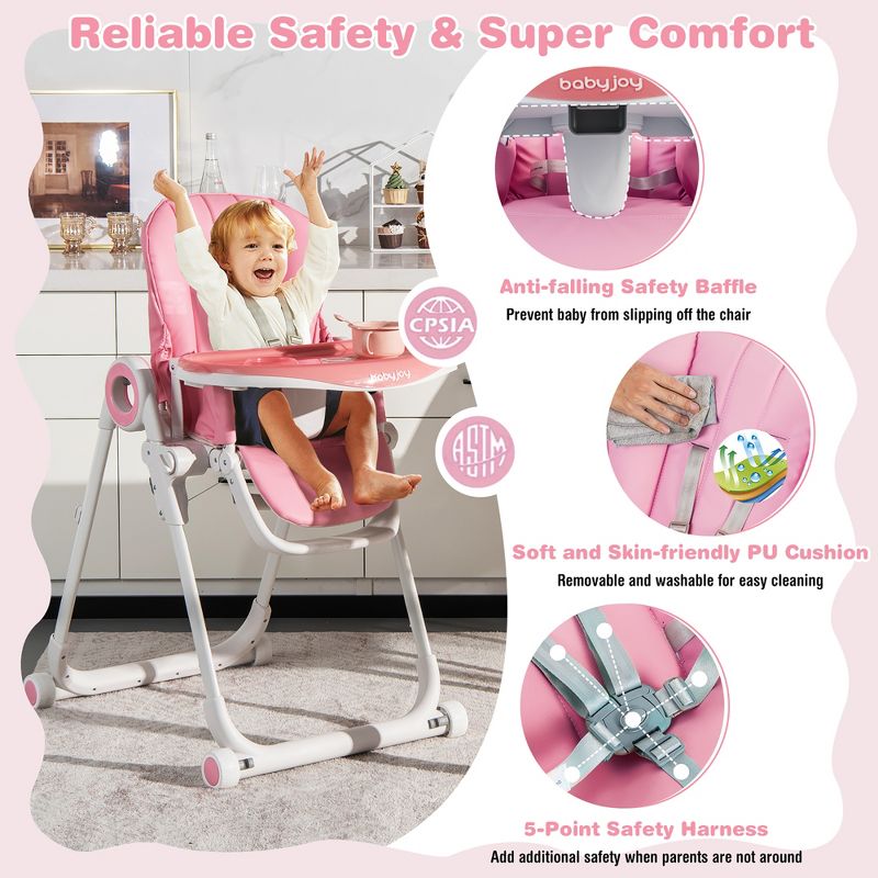 Babyjoy Baby High Chair Foldable Feeding Chair w/ 4 Lockable Wheels Pink\Black\Colorful\Green, 4 of 11
