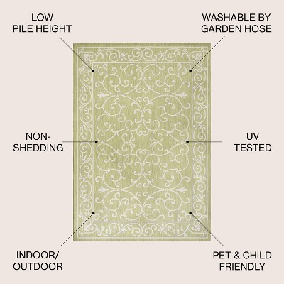 Boho-Chic Green and Cream Vintage Filigree 9' x 12' Indoor/Outdoor Rug