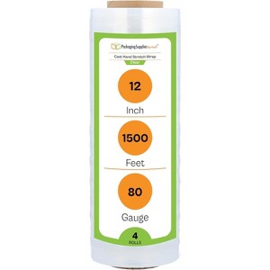 PSBM 4 Rolls Clear 12" x 1500 Ft. 80 Gauge Cast Hand Stretch Wrap Pallet Shrink Film - 1 of 4