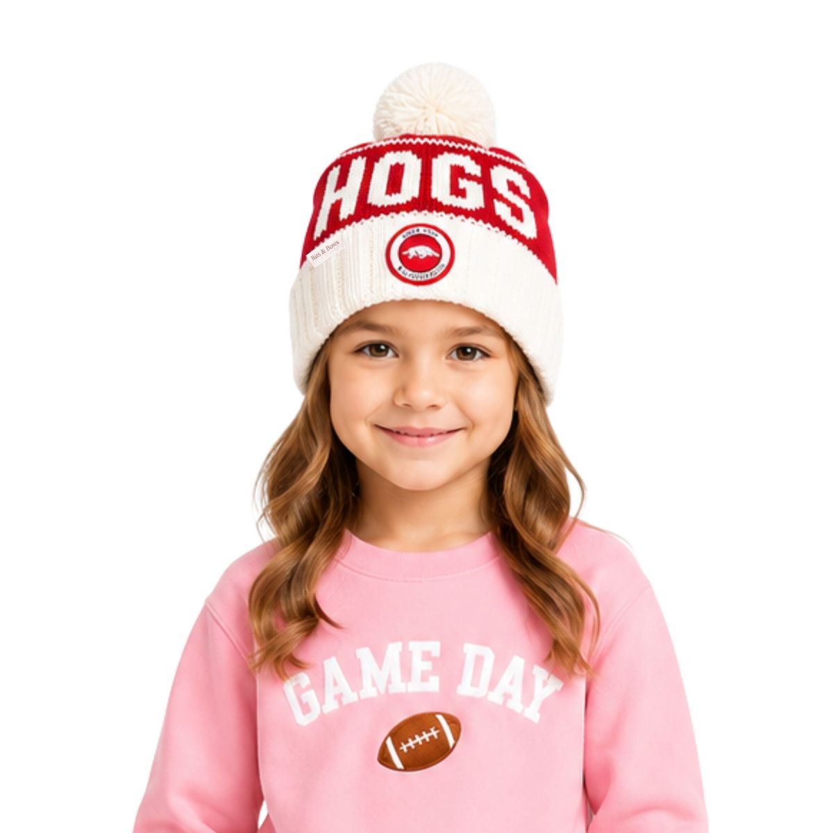 Bits & Bows Officially Licensed Arkansas Razorbacks Bobble Hat, Red/White - thumbnail 2