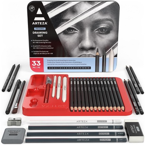 Arteza Professional Drawing Pencils Set - Graphite, Charcoal, Blenders,  Erasers - 33 Pack